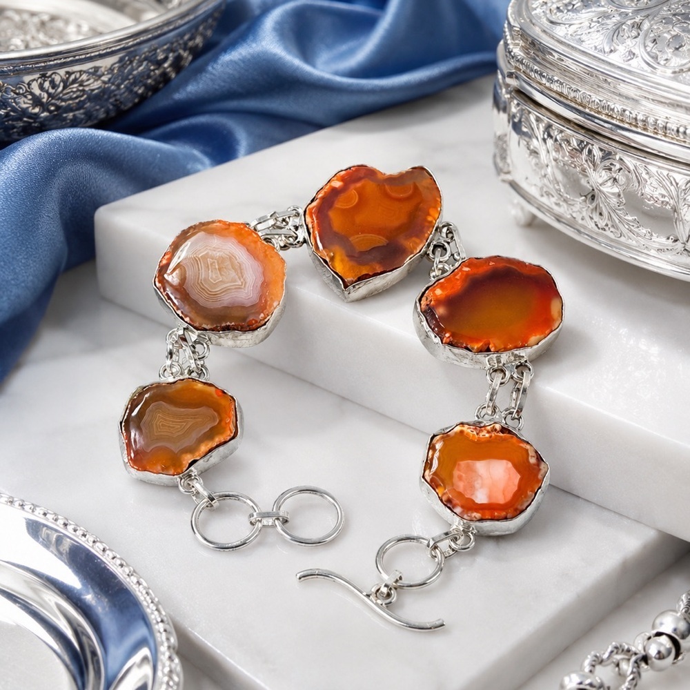 Artisan Carnelian Agate Slice Bracelet in Silver-Tone Links Hand Crafted 7-7.5